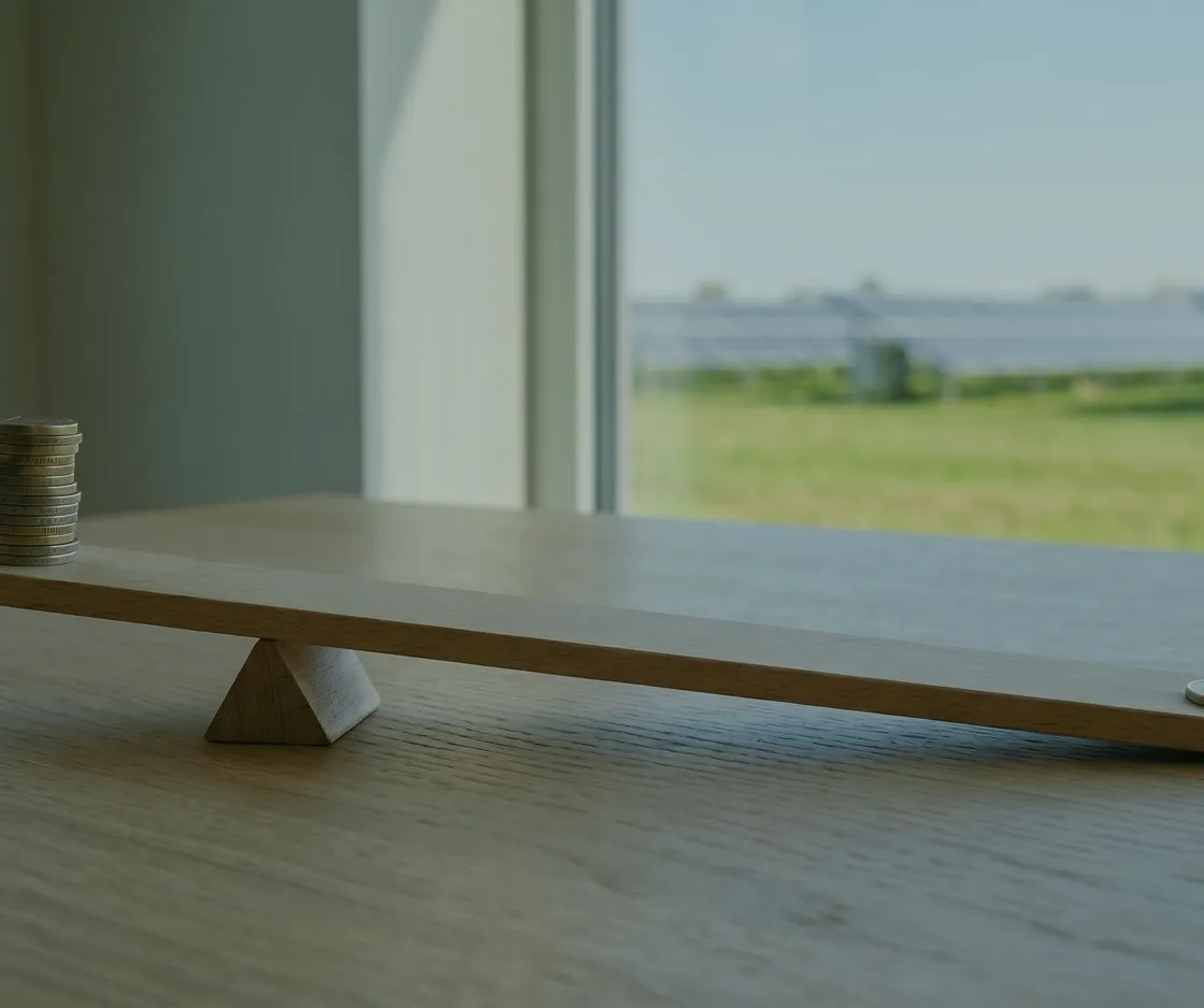 Hebeleffekt beim PV-Investment: Holzbrett auf einem Keil, eine einzelne Münze am langen Ende hebt einen Münzstapel am kurzen Ende, auf einem Tisch am Fenster, draußen eine Solaranlage
