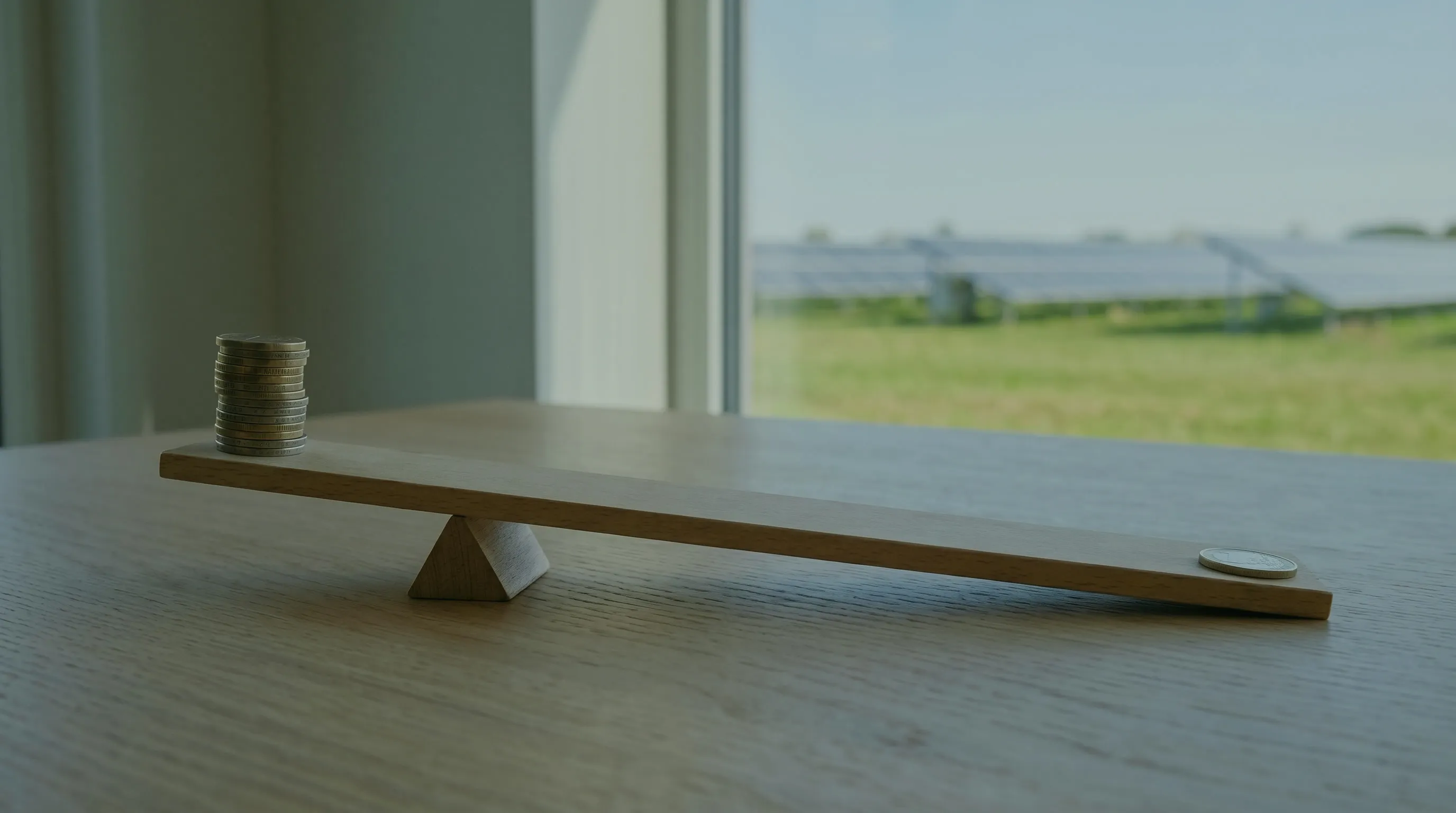 Hebeleffekt beim PV-Investment: Holzbrett auf einem Keil, eine einzelne Münze am langen Ende hebt einen Münzstapel am kurzen Ende, auf einem Tisch am Fenster, draußen eine Solaranlage