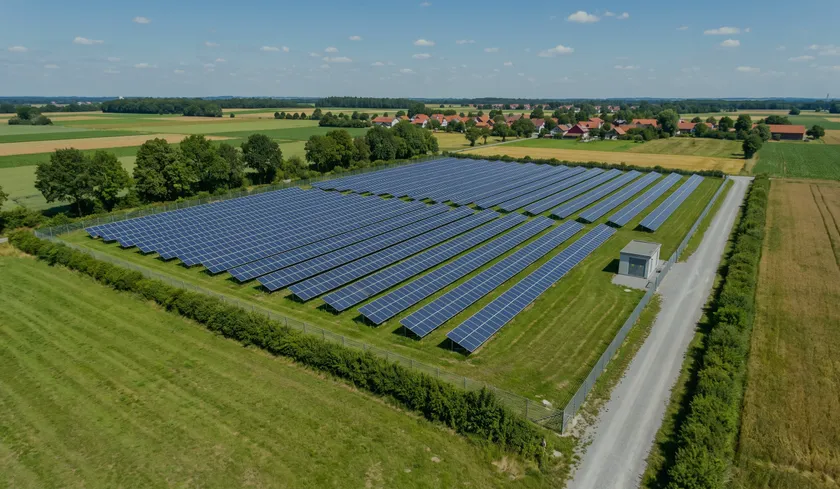 Luftbild einer eingezäunten Freiflächen-Solaranlage: zehn Modulreihen auf einer Wiese, dahinter Felder und ein Dorf