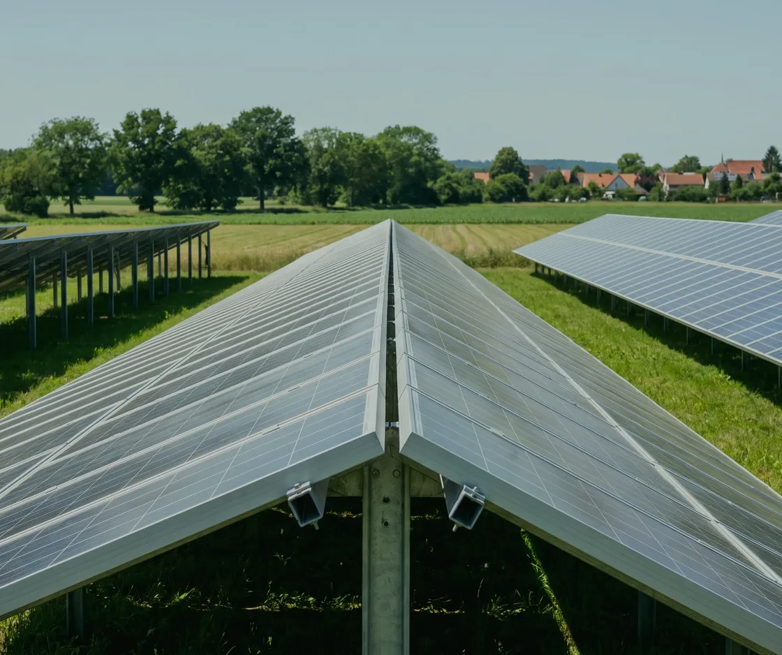 Modulreihen einer Freiflächenanlage in flacher Aufsicht, dahinter Bäume und ein Dorf