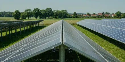 Modulreihen einer Freiflächenanlage in flacher Aufsicht, dahinter Bäume und ein Dorf