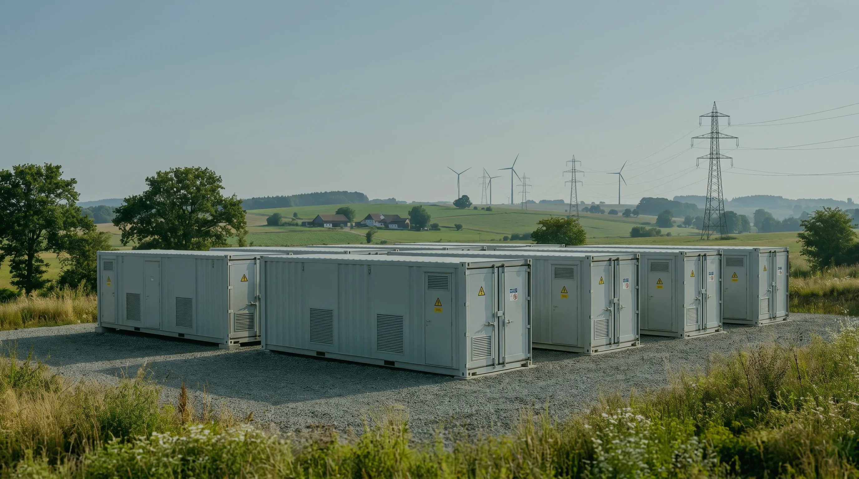 Batteriespeicher für Regelenergie: hellgraue Container auf einer Schotterfläche am Feldrand, dahinter Hügel mit Windrädern und Hochspannungsmasten