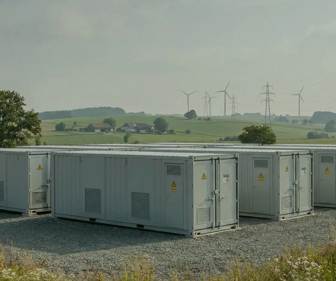 Hellgraue Batteriespeicher-Container auf einer Schotterfläche am Feldrand, dahinter grüne Hügel mit Bauernhöfen, Windrädern und Hochspannungsmasten unter bedecktem Himmel