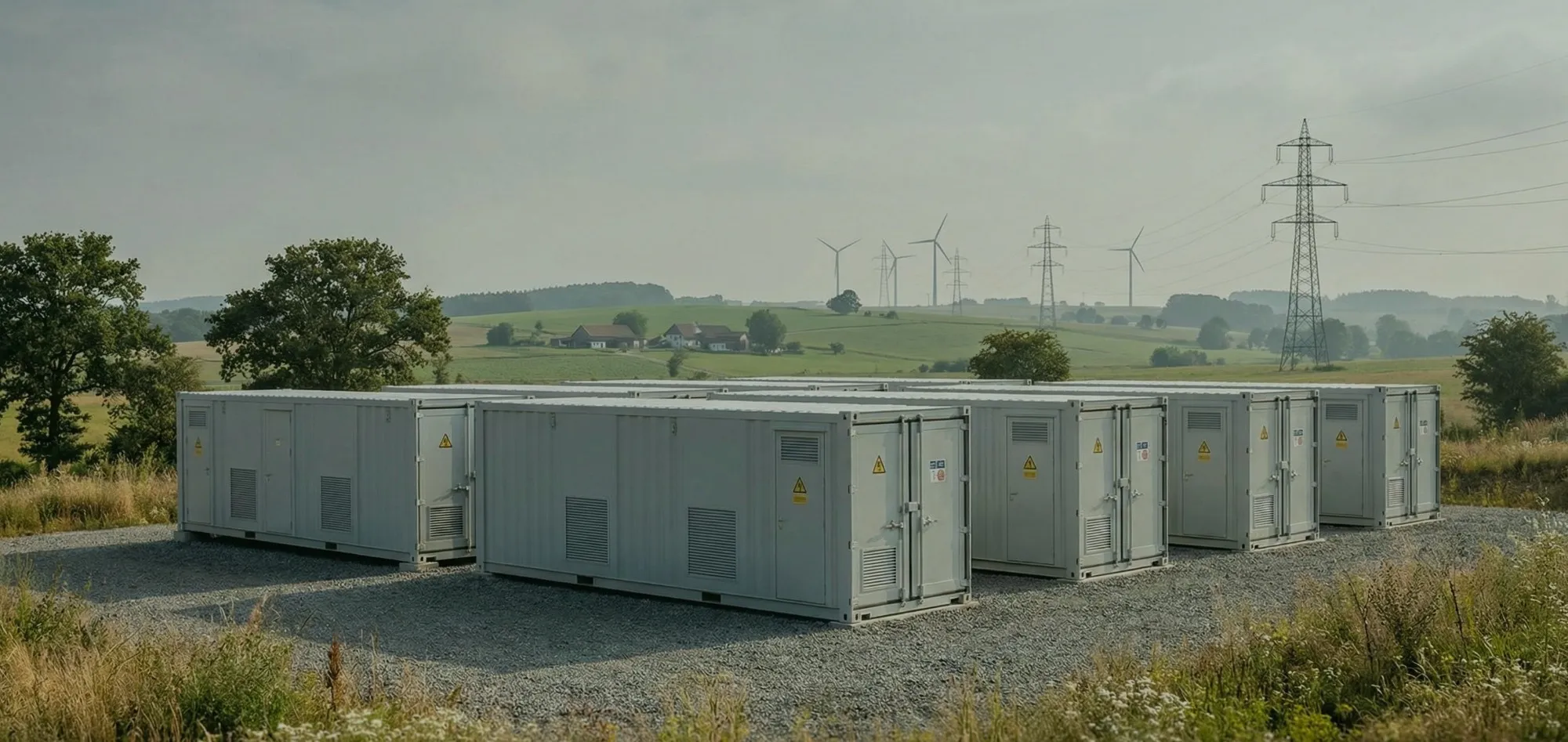 Hellgraue Batteriespeicher-Container auf einer Schotterfläche am Feldrand, dahinter grüne Hügel mit Bauernhöfen, Windrädern und Hochspannungsmasten unter bedecktem Himmel