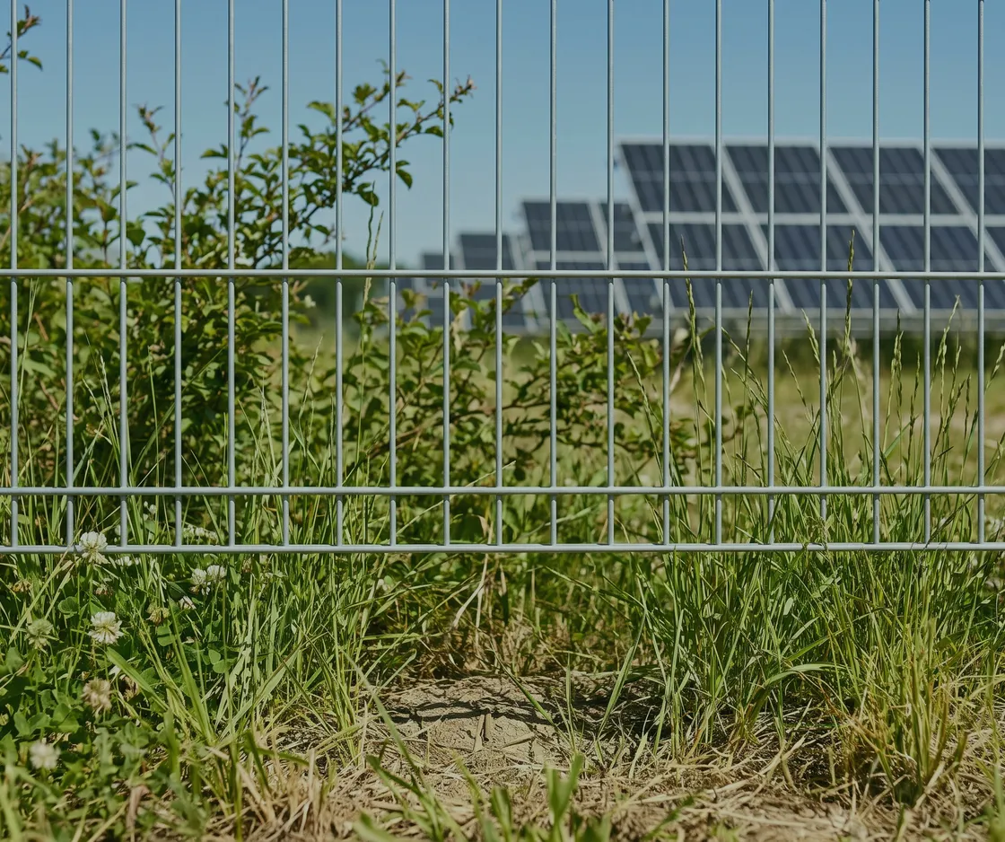 Zaun einer Solaranlage von außen, davor Gras und Wildkraut, dahinter die Modulreihen