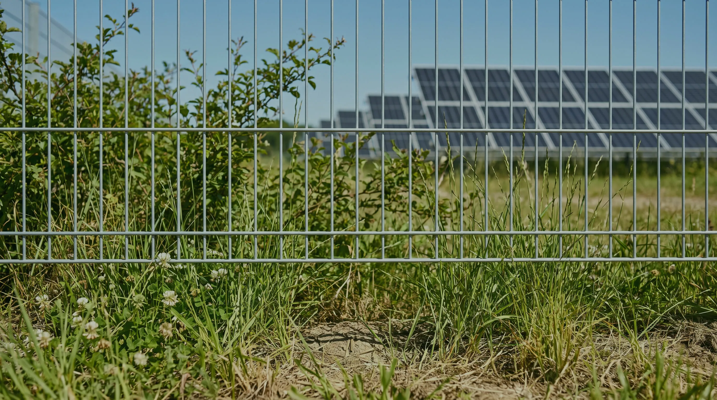Zaun einer Solaranlage von außen, davor Gras und Wildkraut, dahinter die Modulreihen