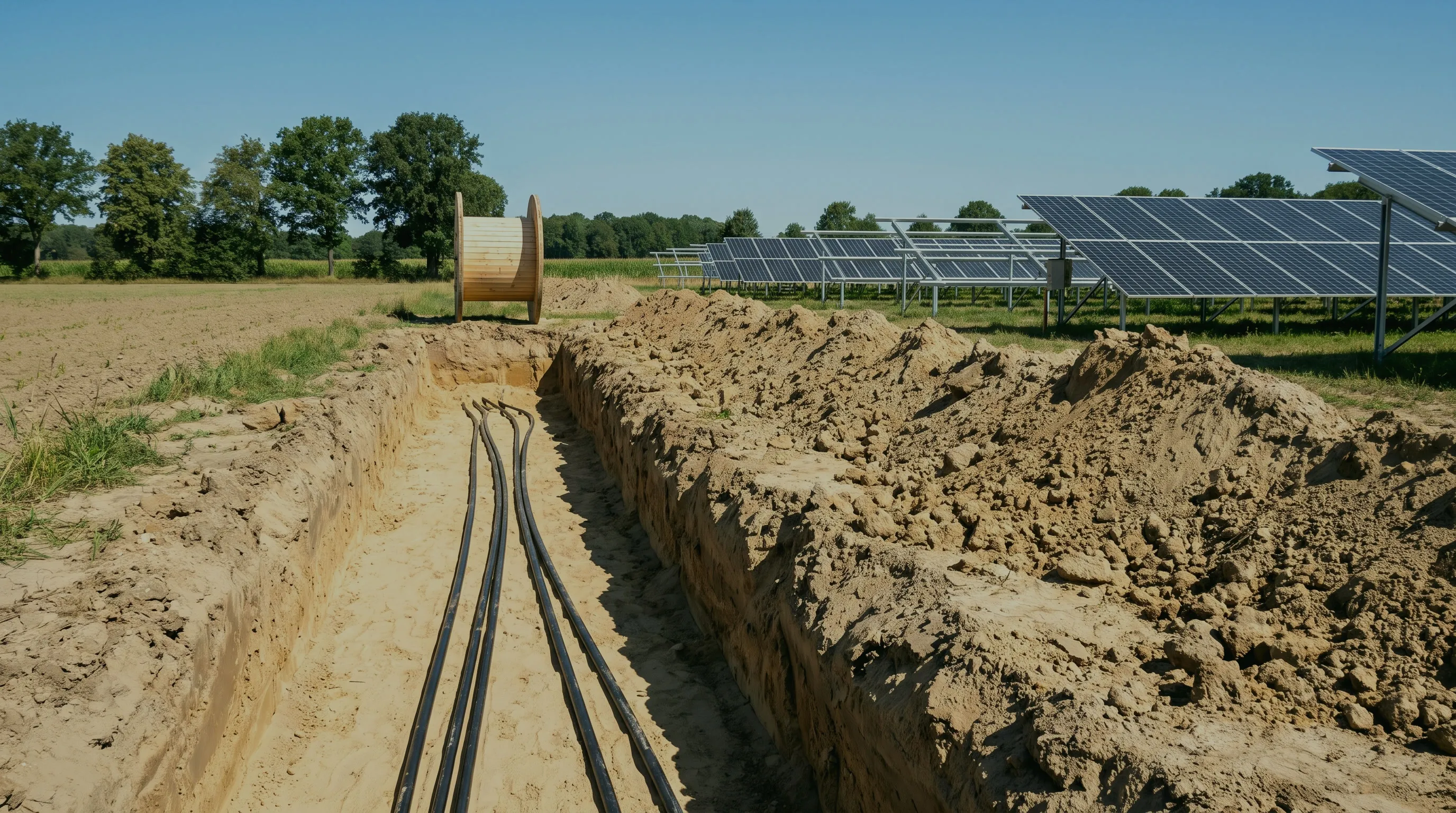 Bauverzögerung im Solarpark: offener Kabelgraben mit eingelegten Kabeln am Rand der Anlage, dahinter eine Kabeltrommel