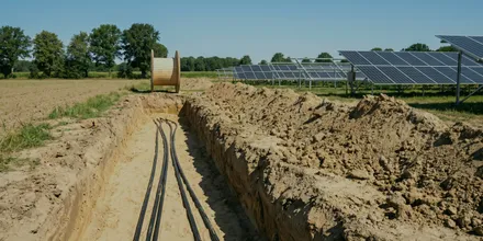 Offener Kabelgraben mit eingelegten Leerrohren am Rand einer Solaranlage, dahinter eine Kabeltrommel