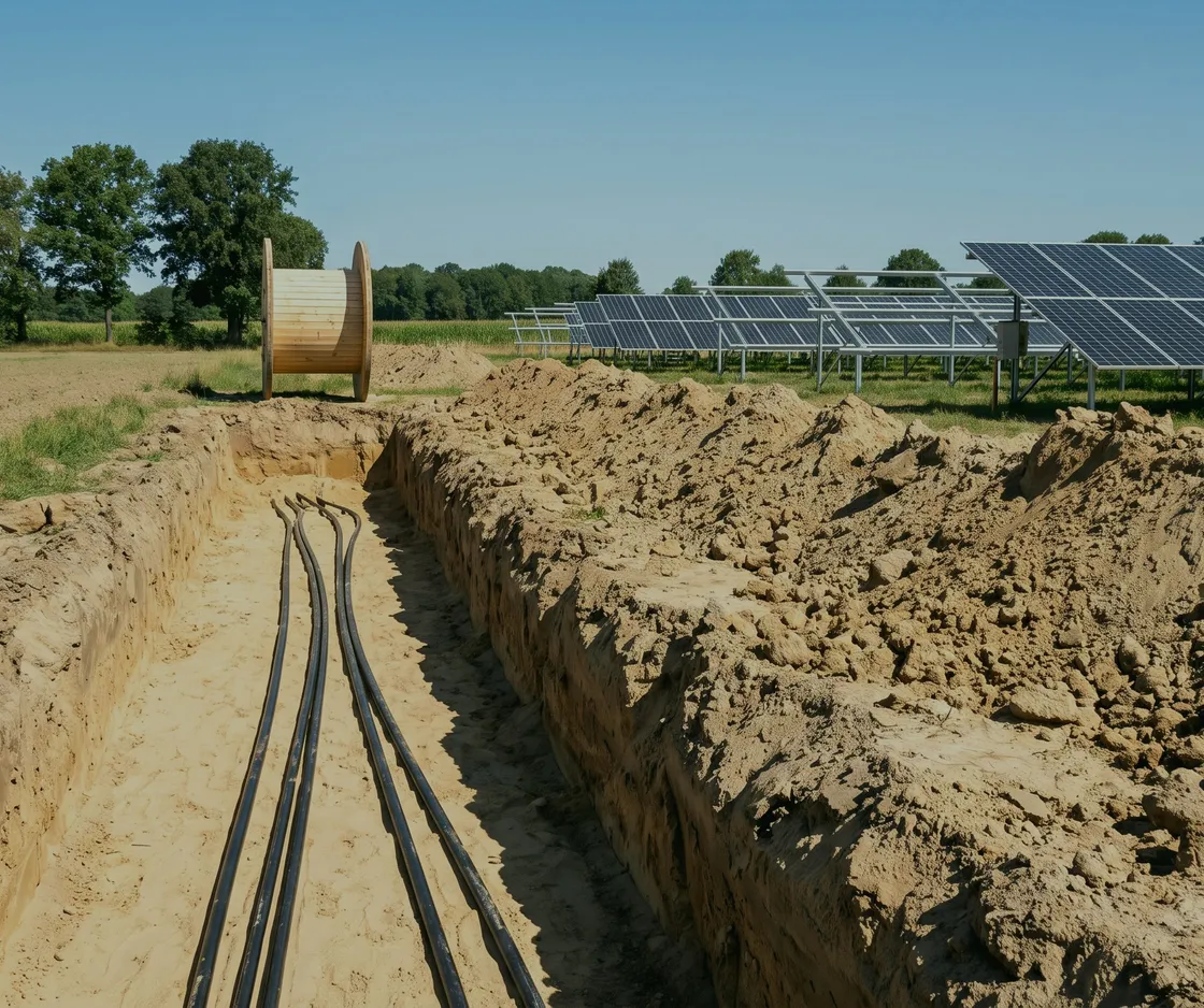 Offener Kabelgraben mit eingelegten Leerrohren am Rand einer Solaranlage, dahinter eine Kabeltrommel