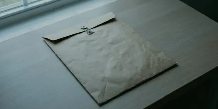 Brauner Papierumschlag mit Verschlussklammer auf einem Schreibtisch am Fenster