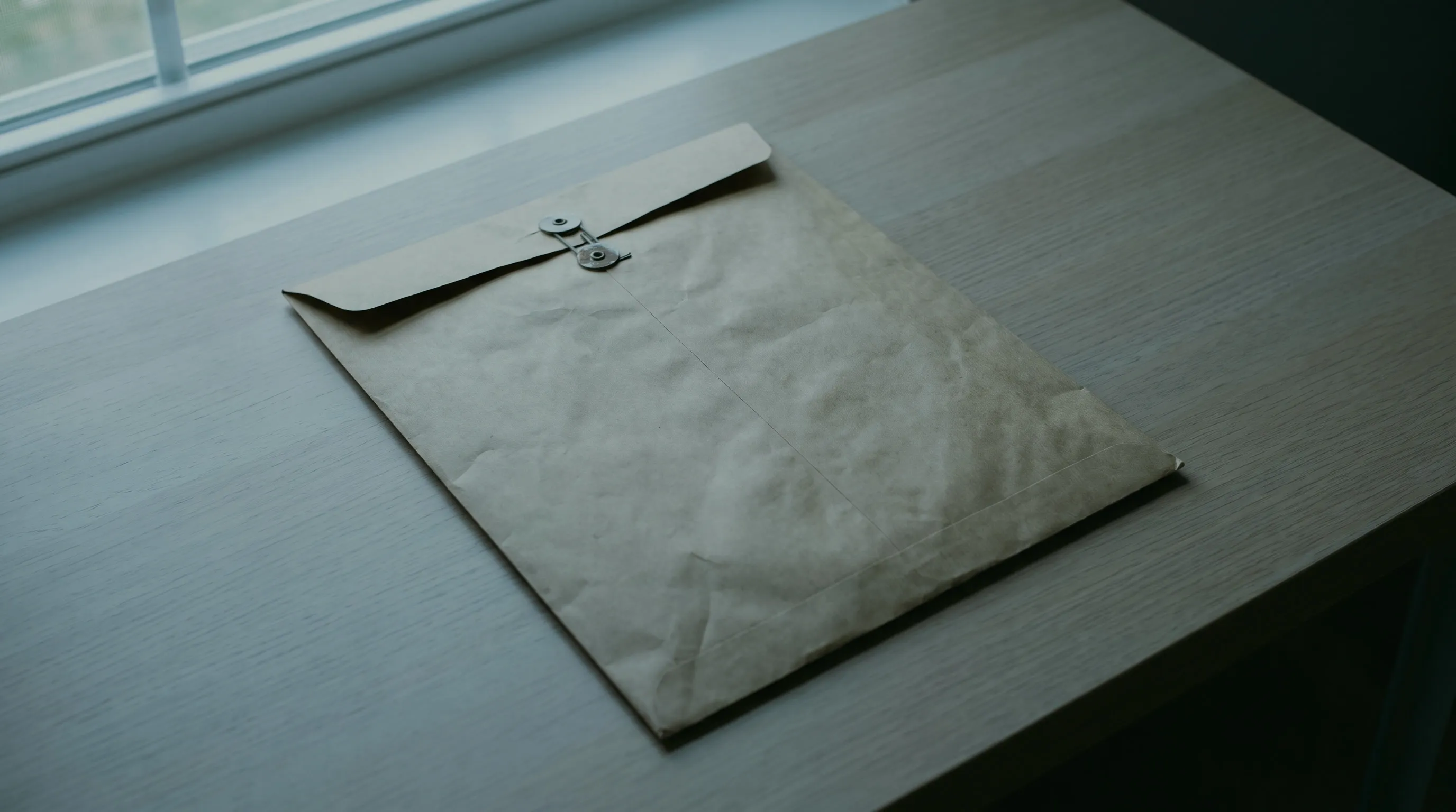 Brauner Papierumschlag mit Verschlussklammer auf einem Schreibtisch am Fenster