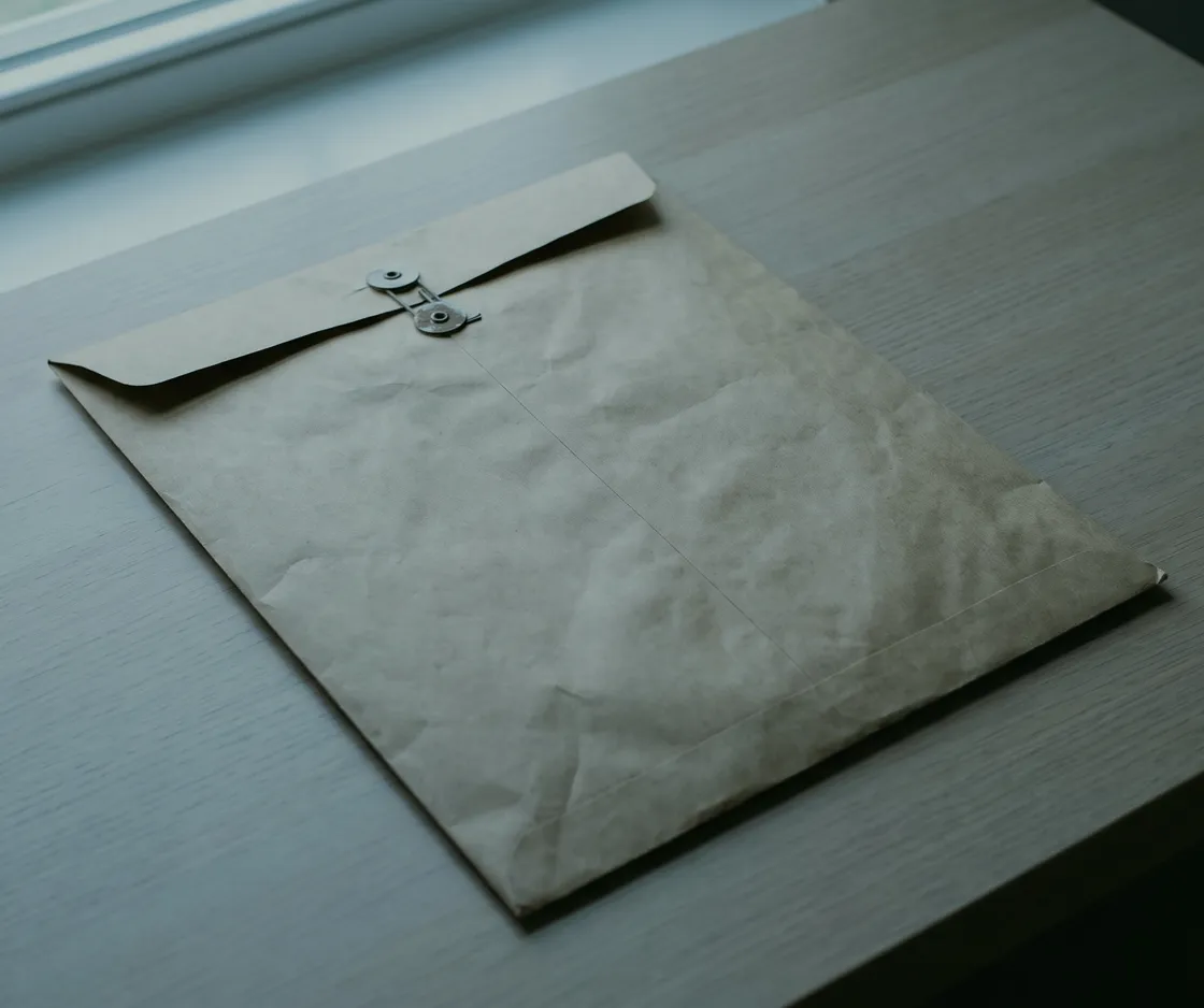 Brauner Papierumschlag mit Verschlussklammer auf einem Schreibtisch am Fenster