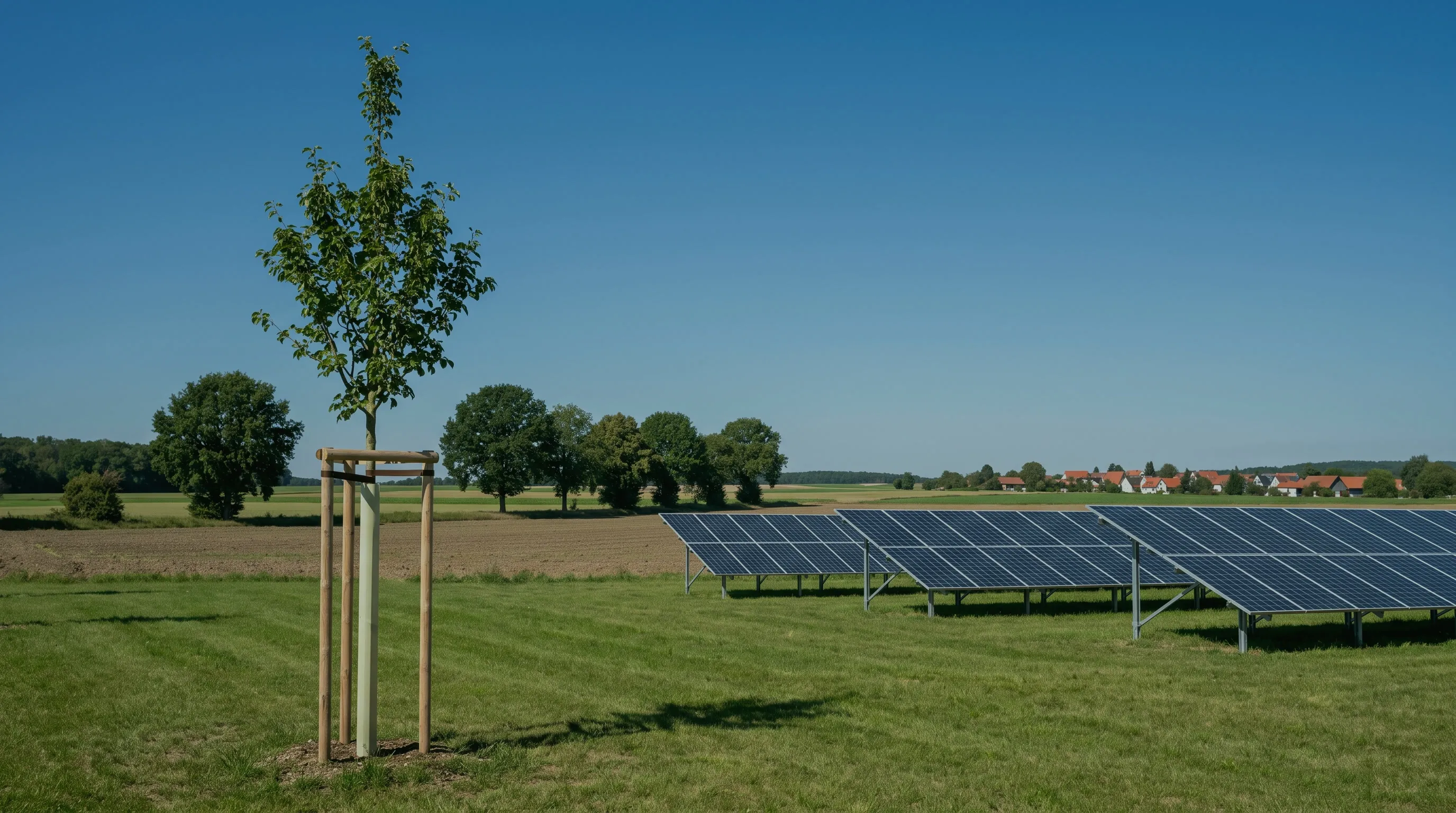 Junger, mit Pfählen gestützter Baum auf einer Wiese, im Hintergrund eine Solaranlage