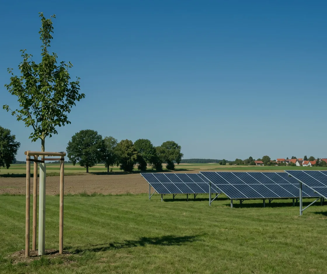 Junger, mit Pfählen gestützter Baum auf einer Wiese, im Hintergrund eine Solaranlage