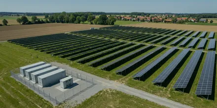 Luftbild eines Solarparks mit einem eingezäunten Batteriespeicher aus weißen Containern am Rand