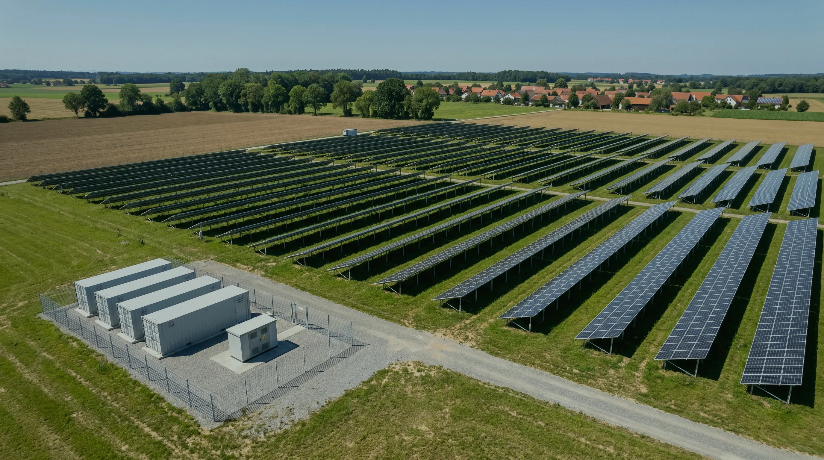 Luftbild eines Solarparks mit einem eingezäunten Batteriespeicher aus weißen Containern am Rand