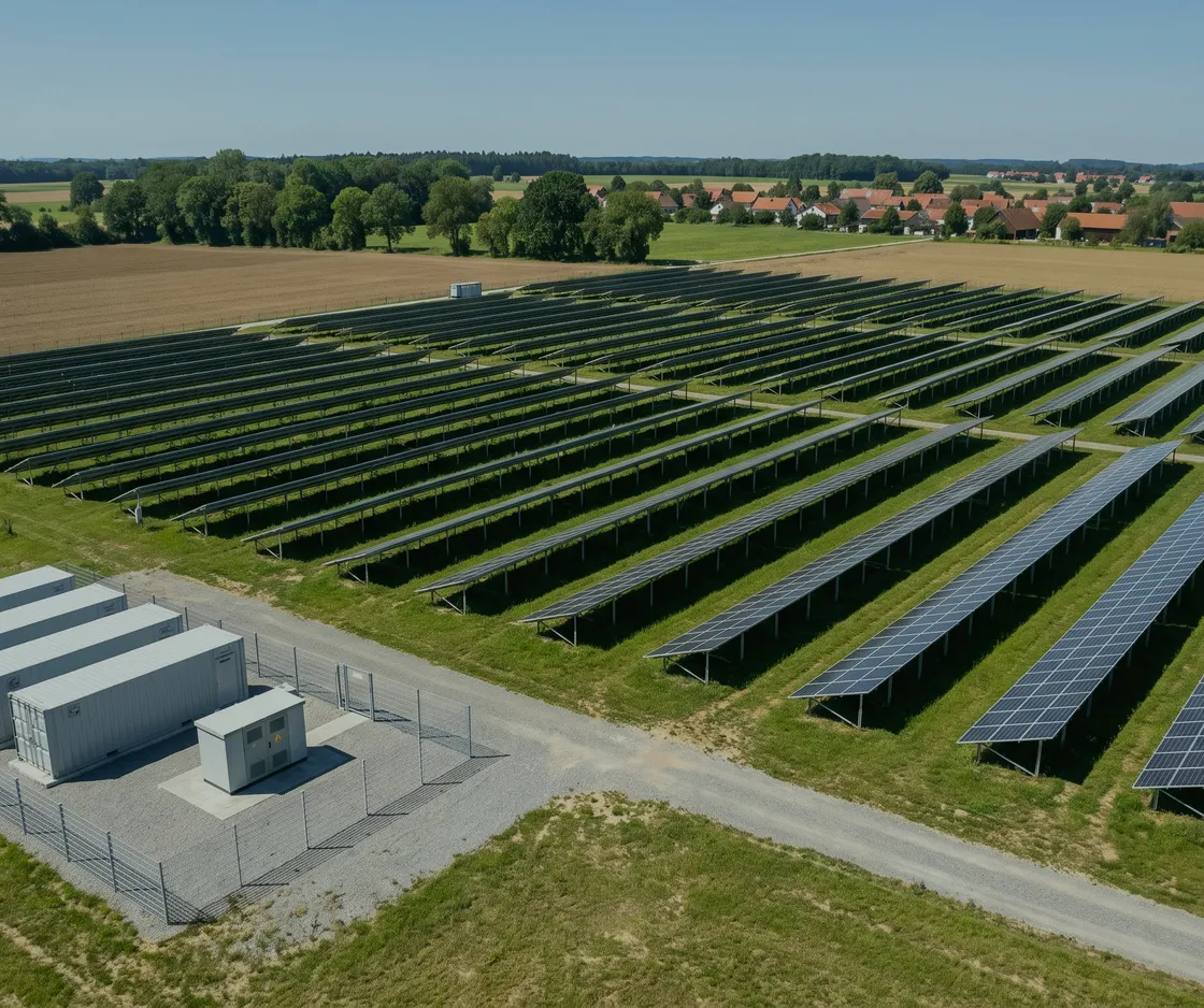 Luftbild eines Solarparks mit einem eingezäunten Batteriespeicher aus weißen Containern am Rand