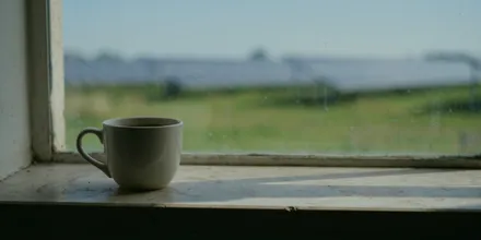Tasse Kaffee auf einer alten Fensterbank, draußen eine Wiese mit einer Reihe von Solarmodulen