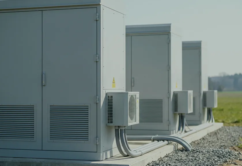Eine Reihe grauer Batteriespeicher-Schränke mit Lüftungsgittern und Kühlaggregaten auf einem Betonfundament, dahinter Feld und Waldrand