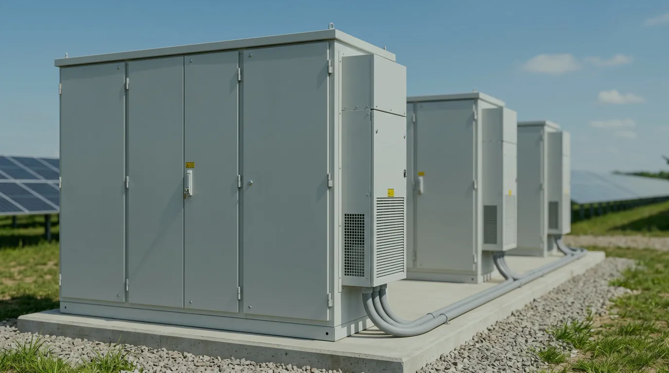 Reihe grauer Batteriespeicher-Schränke auf einem Betonfundament neben einer Freiflächen-Solaranlage
