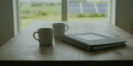 Zwei Tassen und eine graue Mappe auf einem Holztisch, durch die Fensterfront ein Solarpark