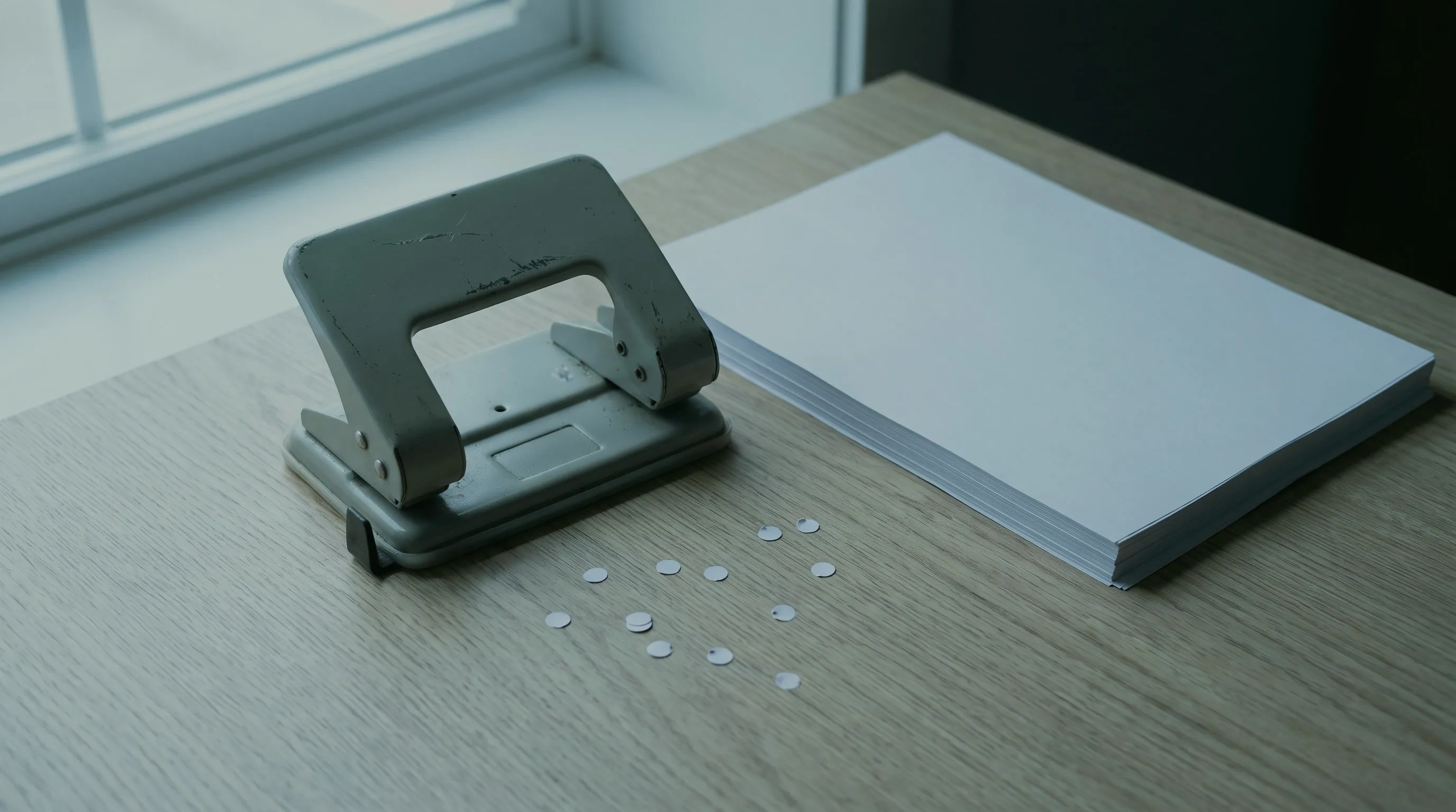 Locher neben einem Stapel weißen Papiers auf einem Schreibtisch, davor ausgestanzte Papierkreise