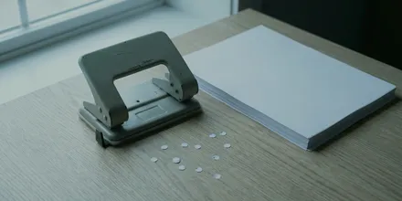 Locher neben einem Stapel weißen Papiers auf einem Schreibtisch, davor ausgestanzte Papierkreise
