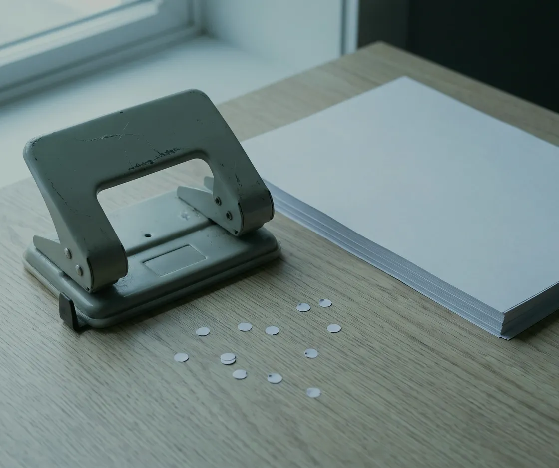 Locher neben einem Stapel weißen Papiers auf einem Schreibtisch, davor ausgestanzte Papierkreise