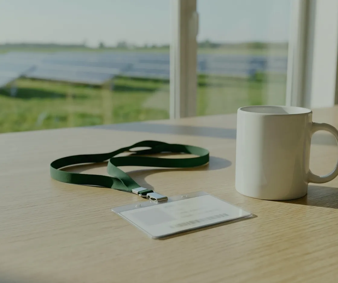 Steuern sparen als Angestellter: Mitarbeiterausweis an einem grünen Band und ein Kaffeebecher auf einem Holztisch am Fenster