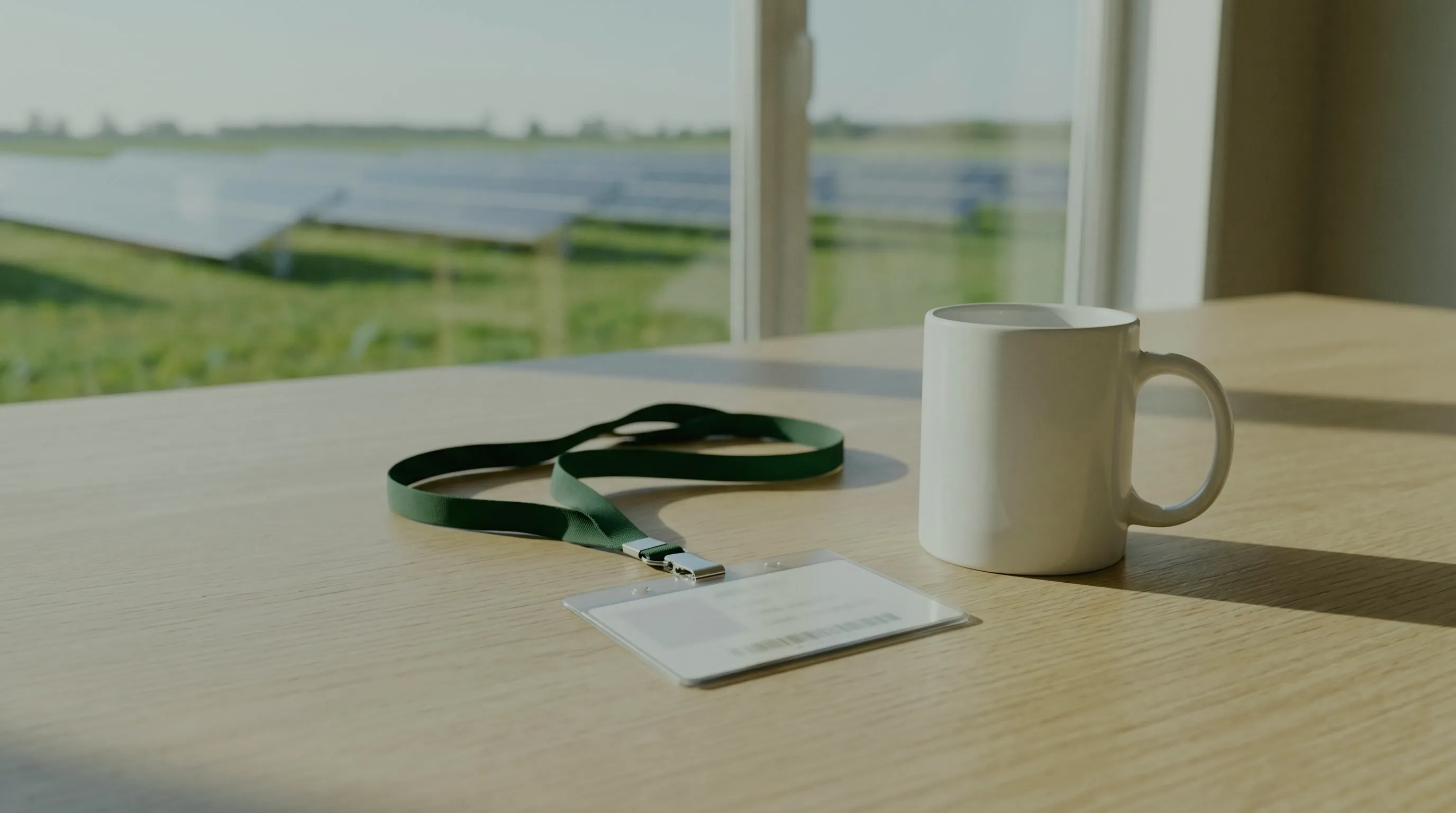 Steuern sparen als Angestellter: Mitarbeiterausweis an einem grünen Band und ein Kaffeebecher auf einem Holztisch am Fenster