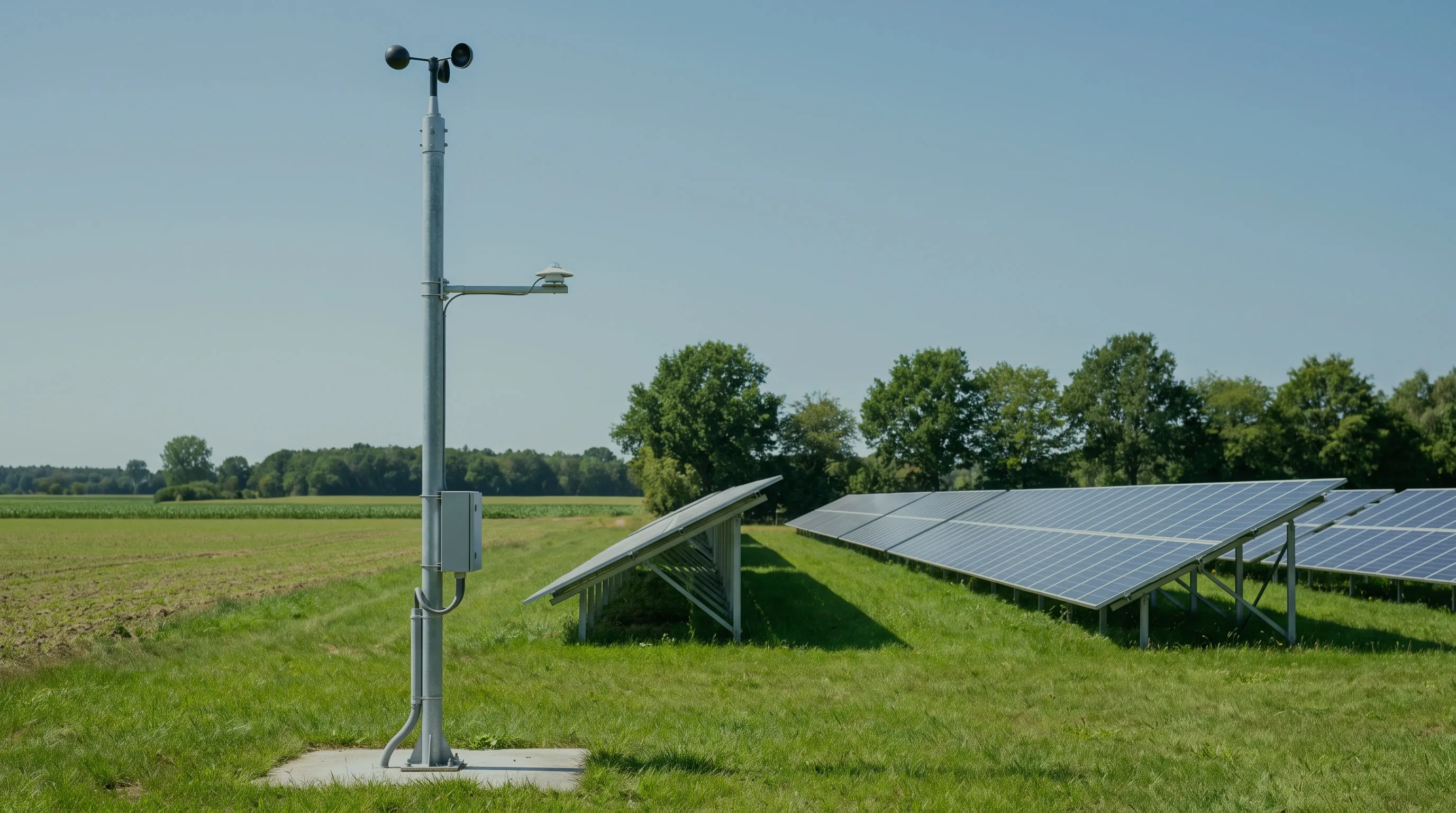 Messmast mit Windschalen und Sensor am Rand einer Solaranlage