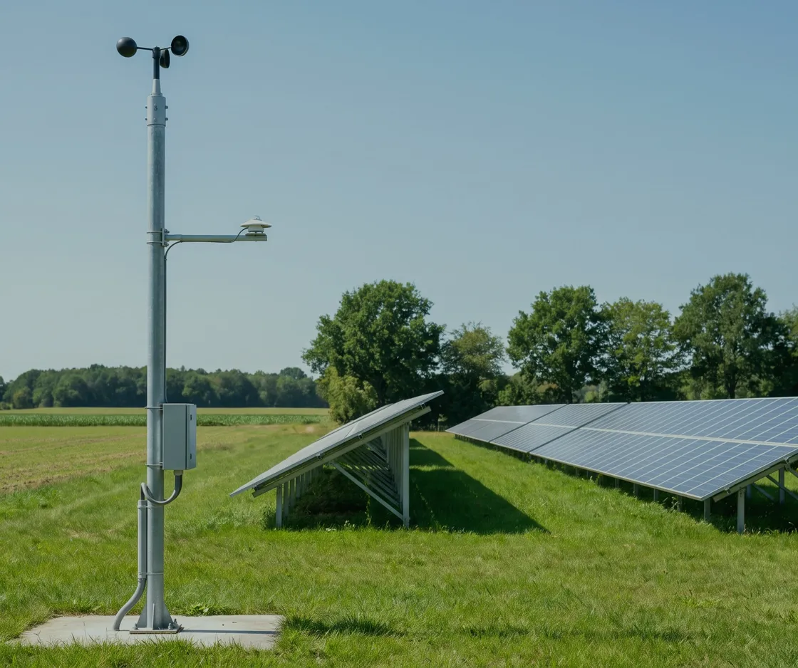 Messmast mit Windschalen und Sensor am Rand einer Solaranlage