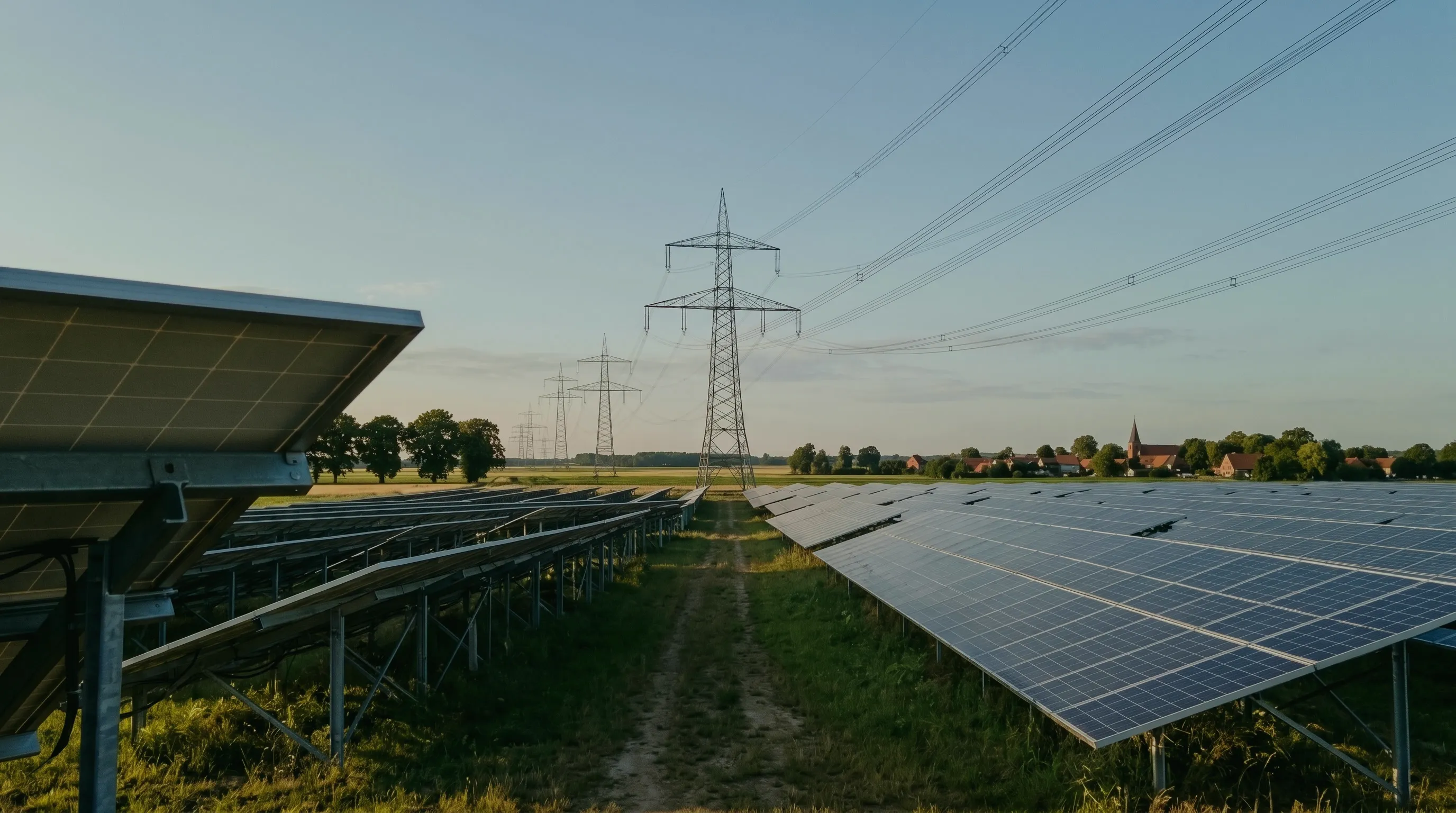 Strompreise und Stromnetz: Hochspannungsleitung mit Strommasten hinter den Modulreihen eines Solarparks im Abendlicht
