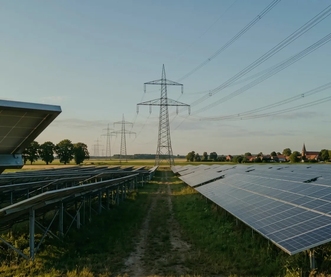 Strompreise und Stromnetz: Hochspannungsleitung mit Strommasten hinter den Modulreihen eines Solarparks im Abendlicht