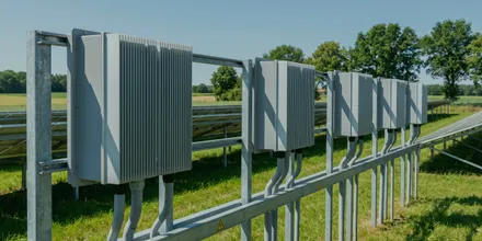 Reihe von Wechselrichtern an der Unterkonstruktion einer Freiflächenanlage
