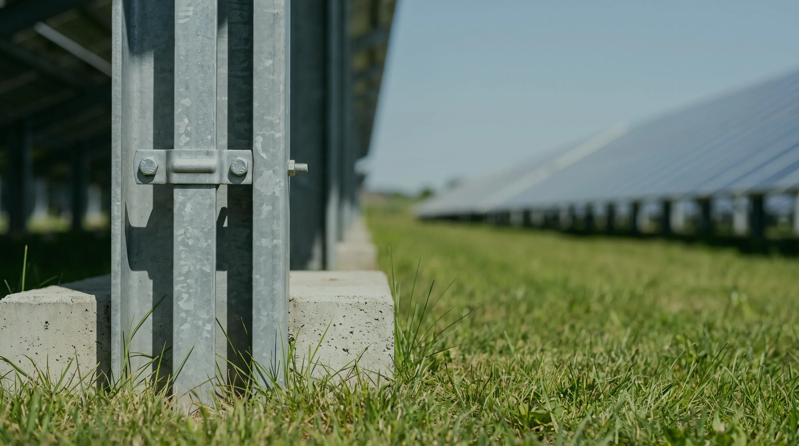 Nahaufnahme eines Stützfußes auf seinem Betonfundament im Gras, dahinter die Modulreihe