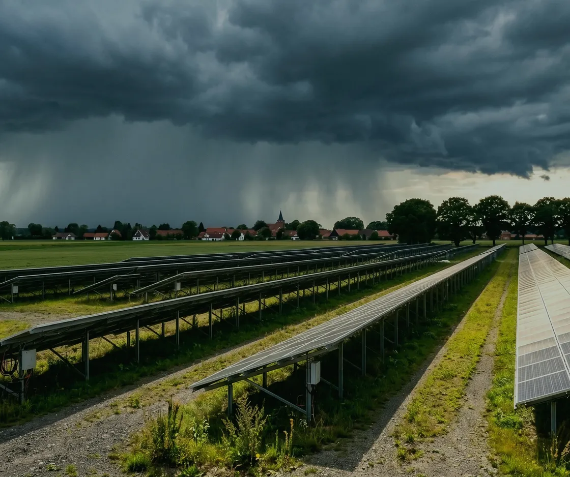 Versicherung für Solarparks: dunkle Gewitterwolken und Regen ziehen über eine Freiflächen-Solaranlage
