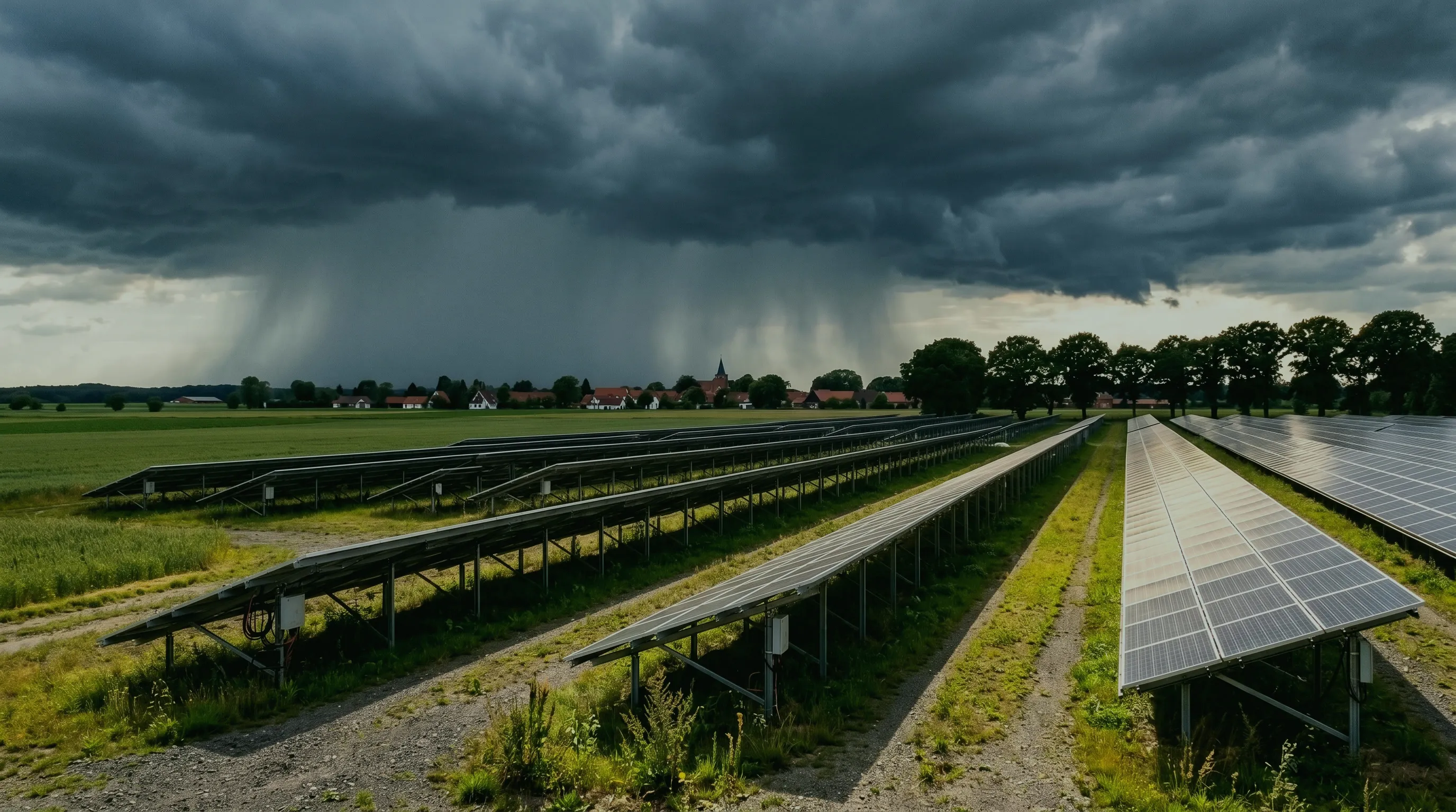 Versicherung für Solarparks: dunkle Gewitterwolken und Regen ziehen über eine Freiflächen-Solaranlage