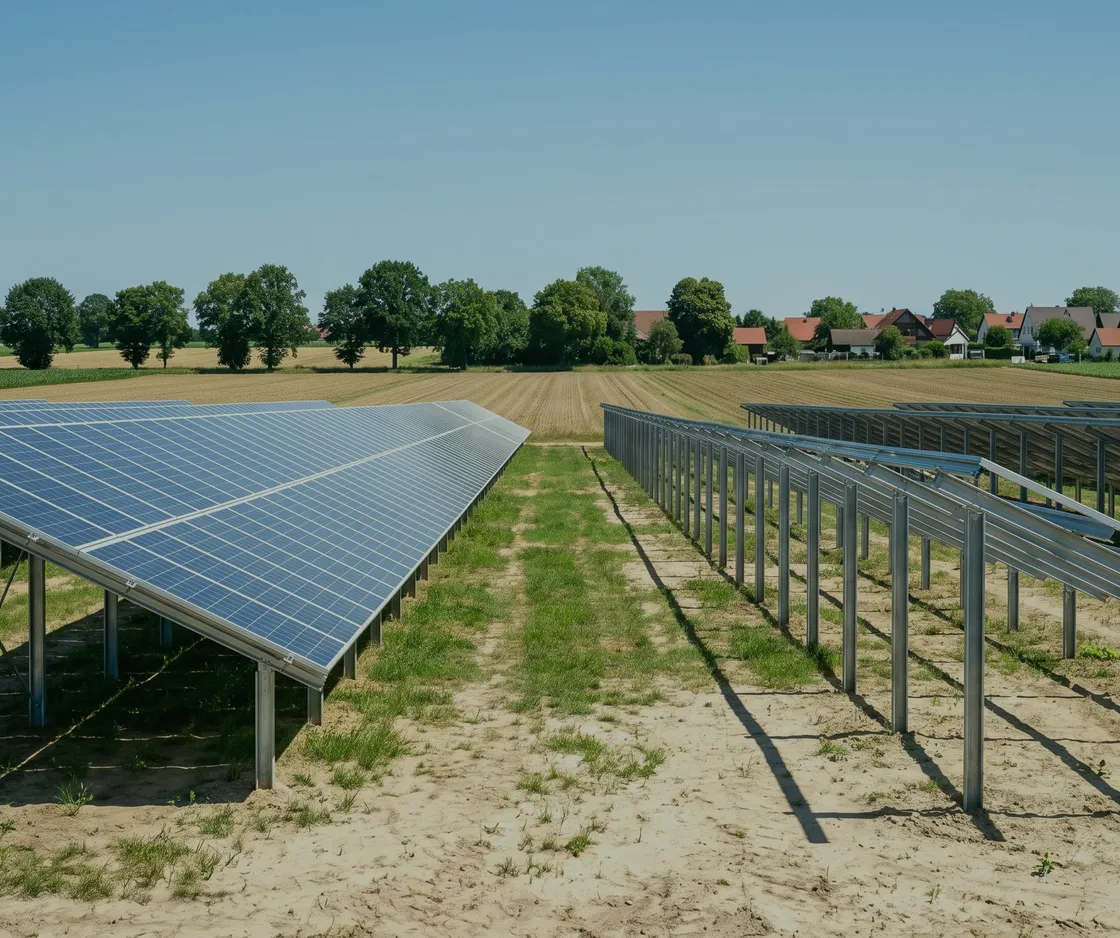 Halb fertige Solaranlage: links die belegten Modulreihen, rechts noch leere Unterkonstruktionen