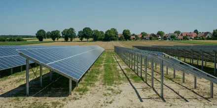 Halb fertige Solaranlage: links die belegten Modulreihen, rechts noch leere Unterkonstruktionen