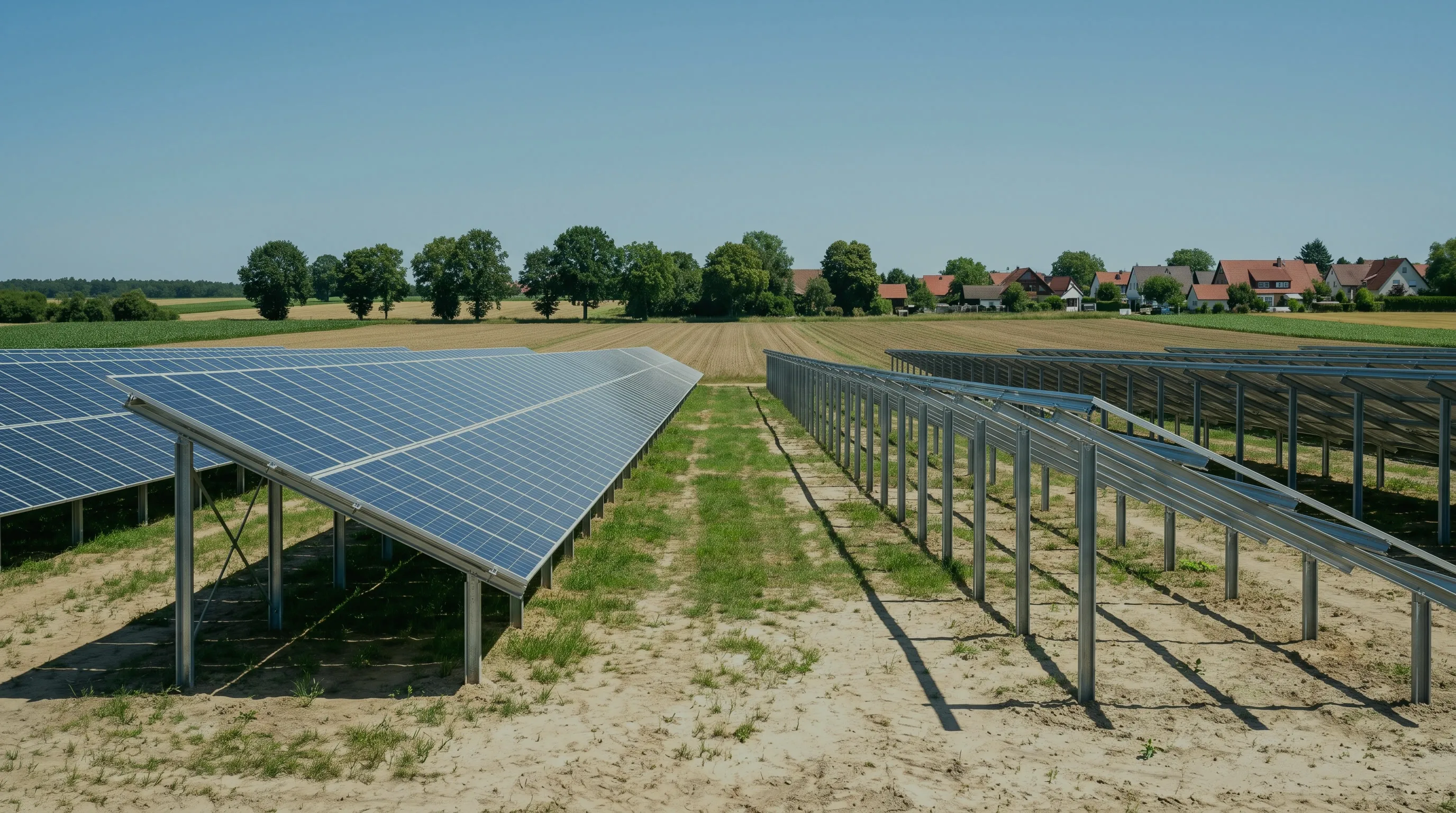 Halb fertige Solaranlage: links die belegten Modulreihen, rechts noch leere Unterkonstruktionen