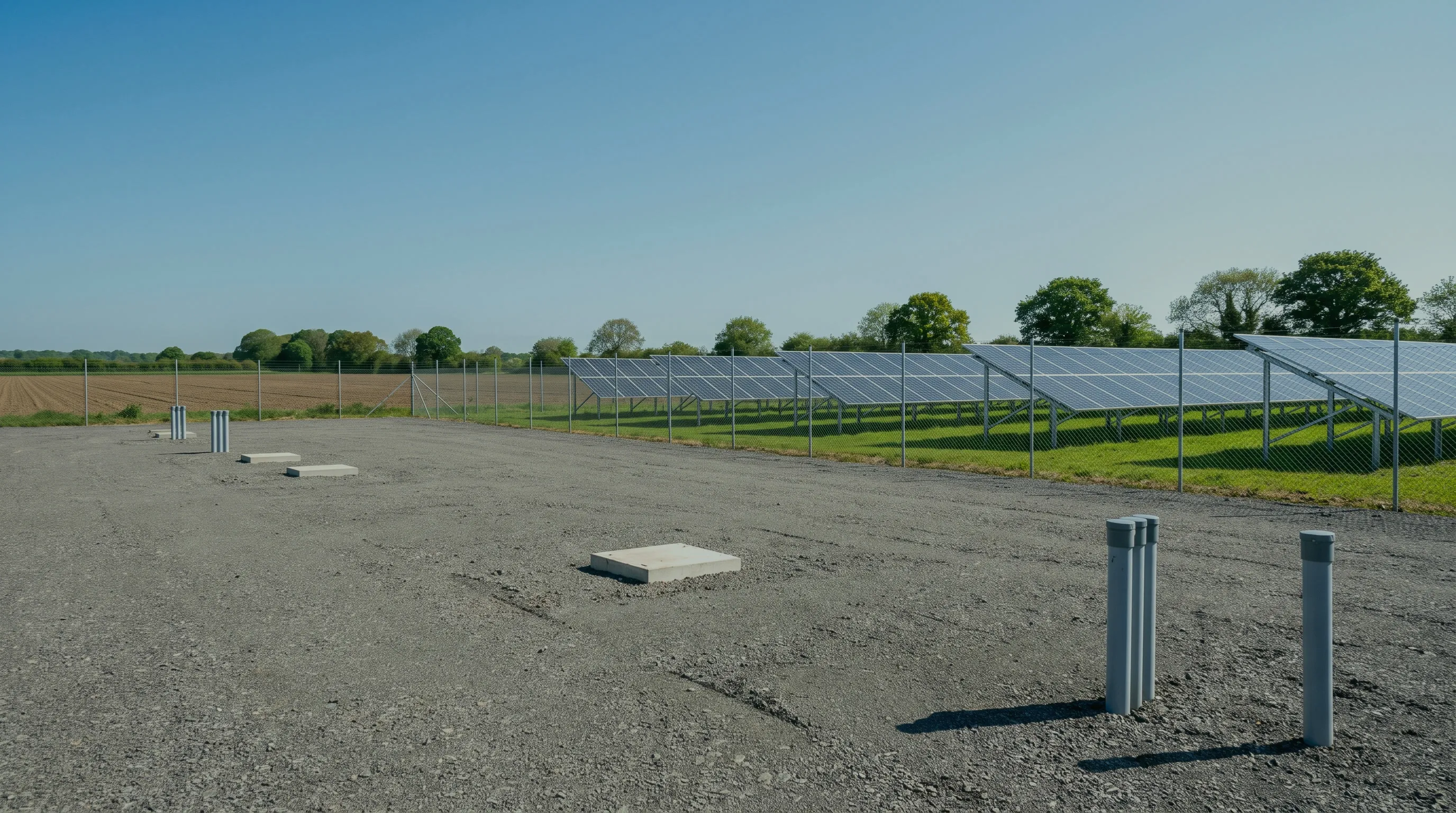 Freie Schotterfläche mit vorbereiteten Fundamenten und Pollern neben einer Solaranlage