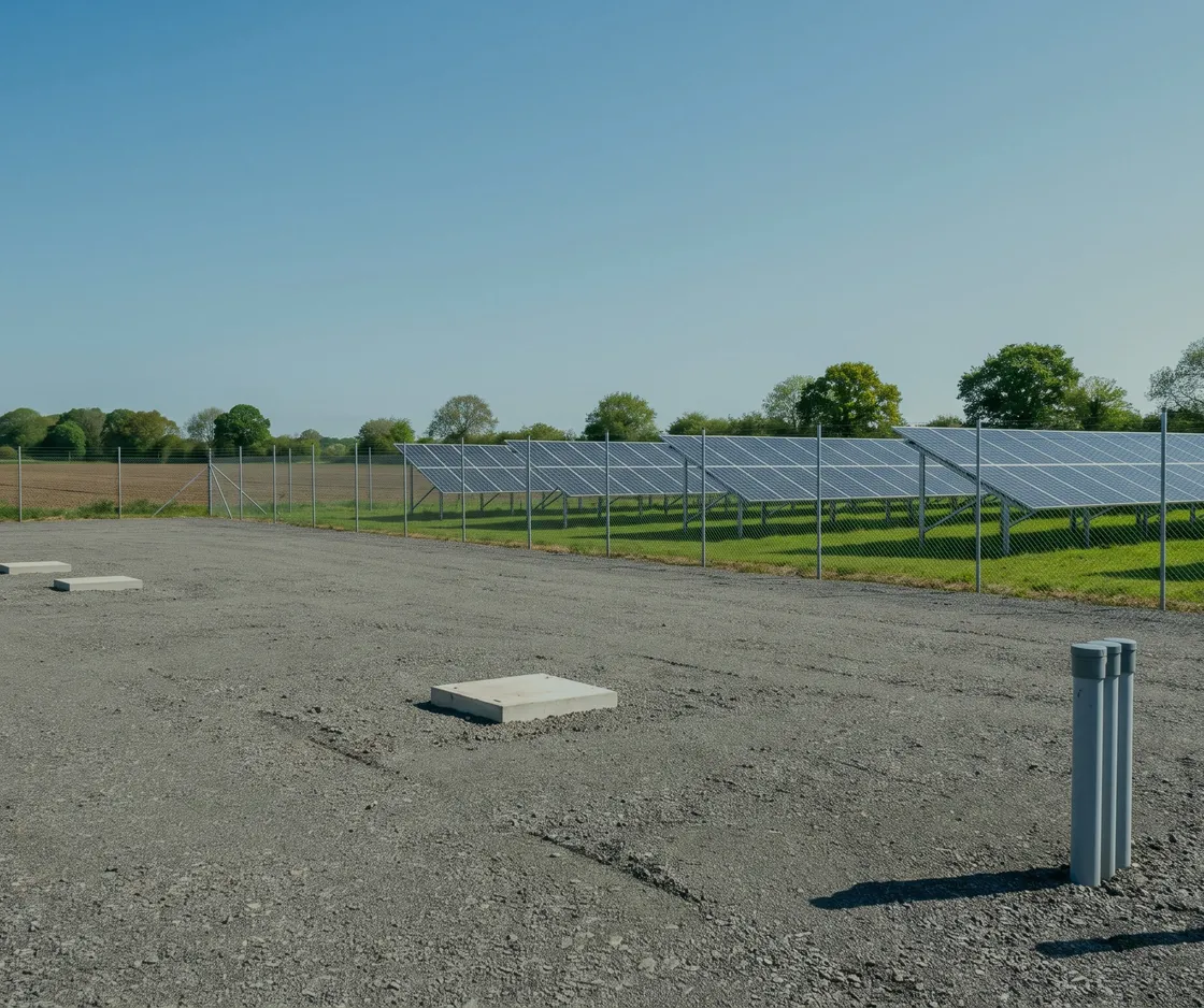 Freie Schotterfläche mit vorbereiteten Fundamenten und Pollern neben einer Solaranlage