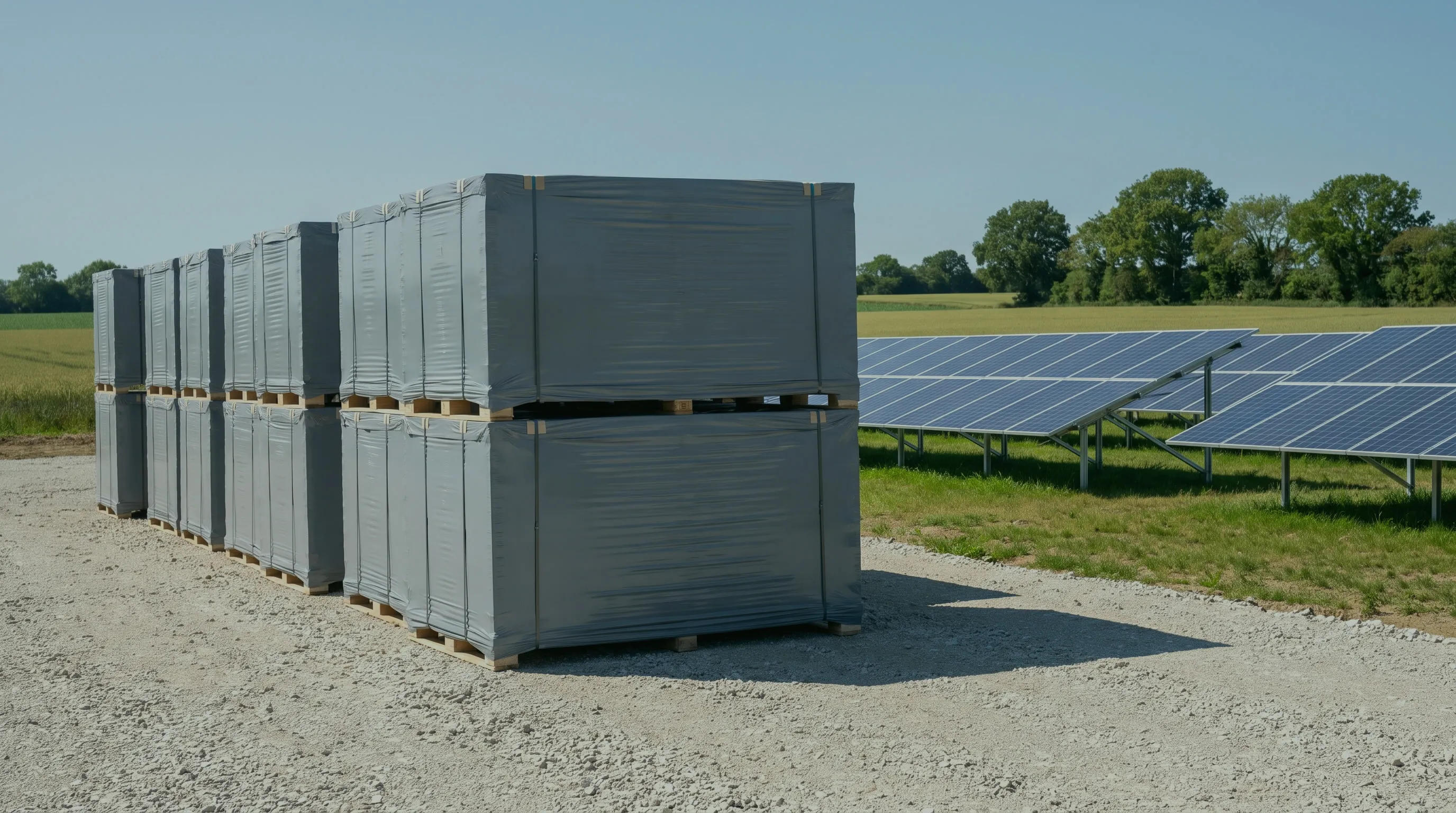Gestapelte, noch verpackte Solarmodul-Paletten auf einer Schotterfläche neben der fertigen Anlage