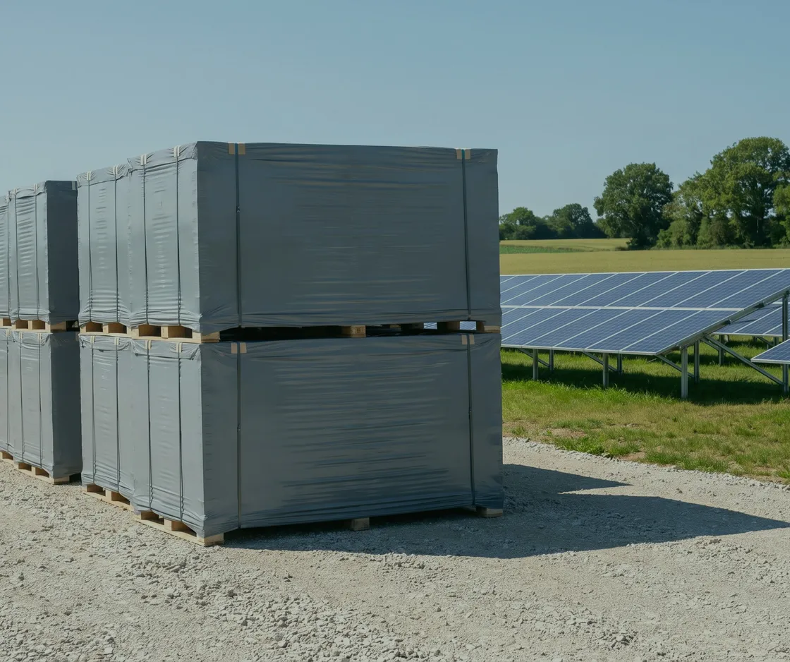 Gestapelte, noch verpackte Solarmodul-Paletten auf einer Schotterfläche neben der fertigen Anlage