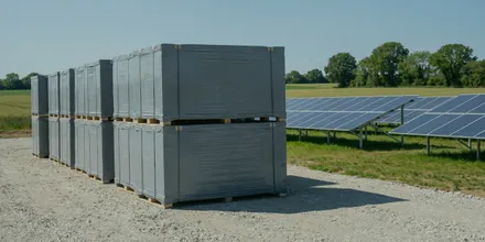 Gestapelte, noch verpackte Solarmodul-Paletten auf einer Schotterfläche neben der fertigen Anlage